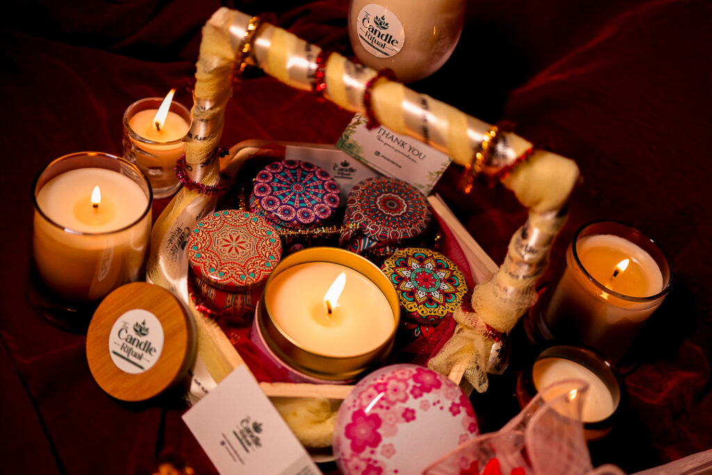 Luxury gift hamper by The Candle Ritual featuring a scented candle, mug, chocolates, greeting card, and premium gift packaging for special occasions.